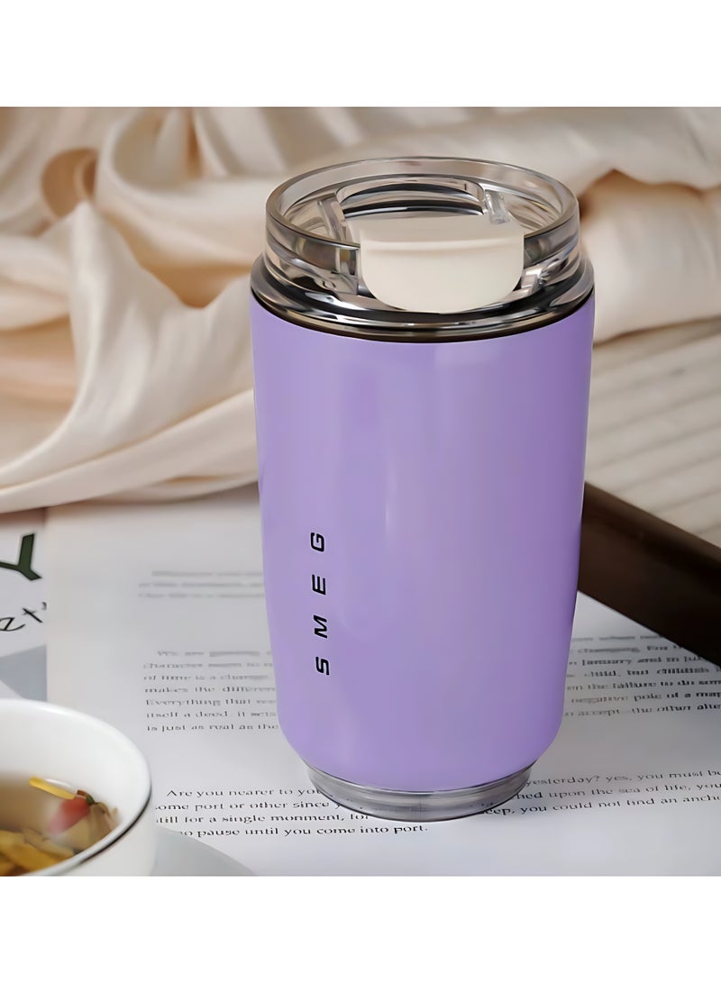 سميج كوب قهوة للسفر من Smeg، كوب معزول للمشروبات مع غطاء مضاد للتسرب، كوب قهوة طويل الأمد مع غطاء، ترمس قهوة للسفر (أرجواني) - Image 1