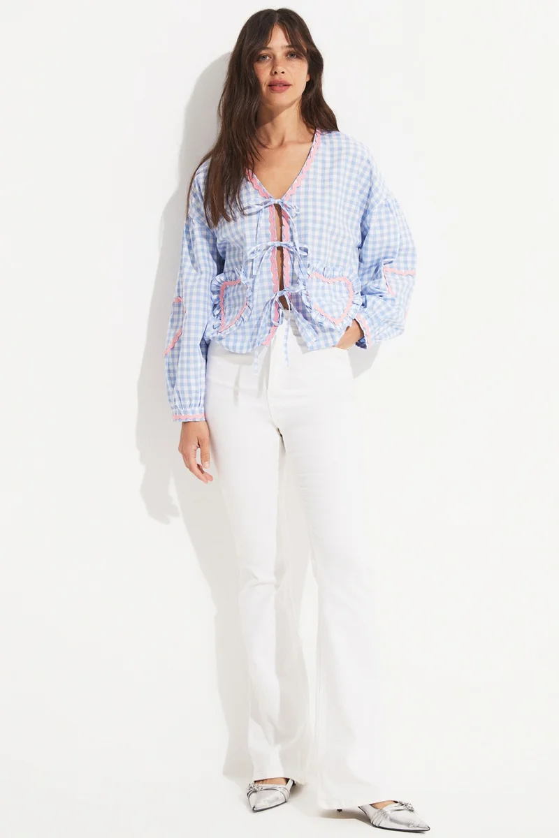 JUNE Women's Potikare Patterned Front Tie Cotton Blend Shirt