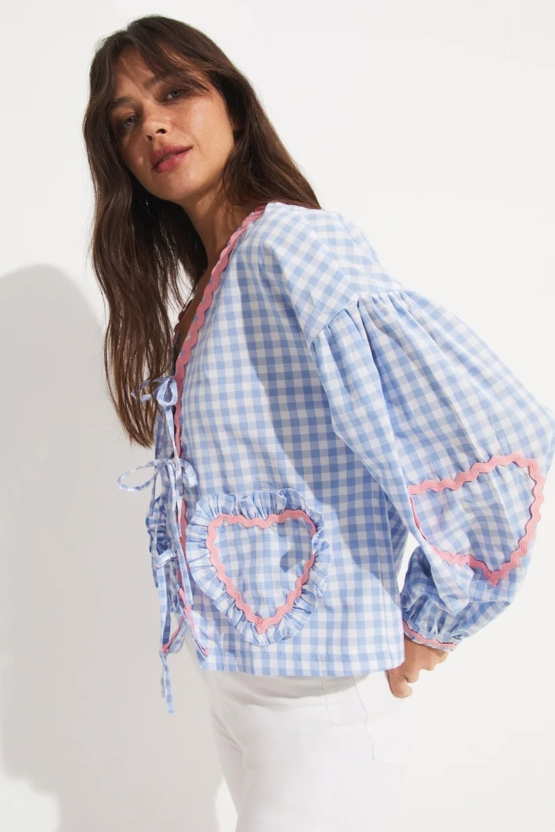JUNE Women's Potikare Patterned Front Tie Cotton Blend Shirt