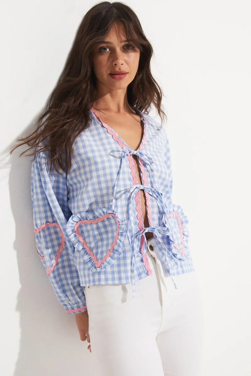 JUNE Women's Potikare Patterned Front Tie Cotton Blend Shirt