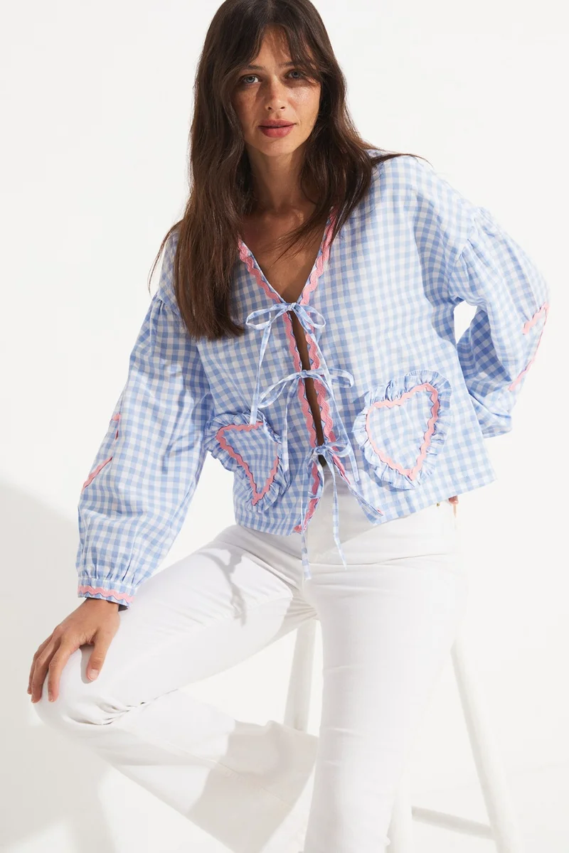 JUNE Women's Potikare Patterned Front Tie Cotton Blend Shirt