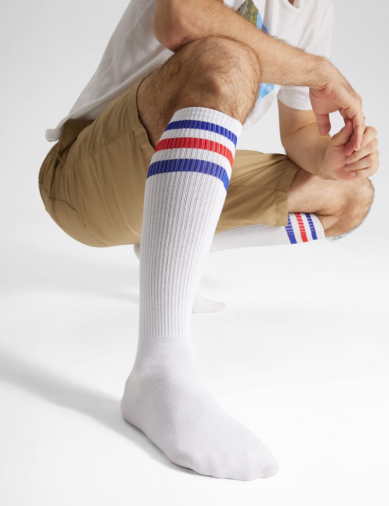 Joulli White Knee High Retro Striped Tube Long Socks Over the Calf Cotton Knee Socks 2 Pairs - Image 5