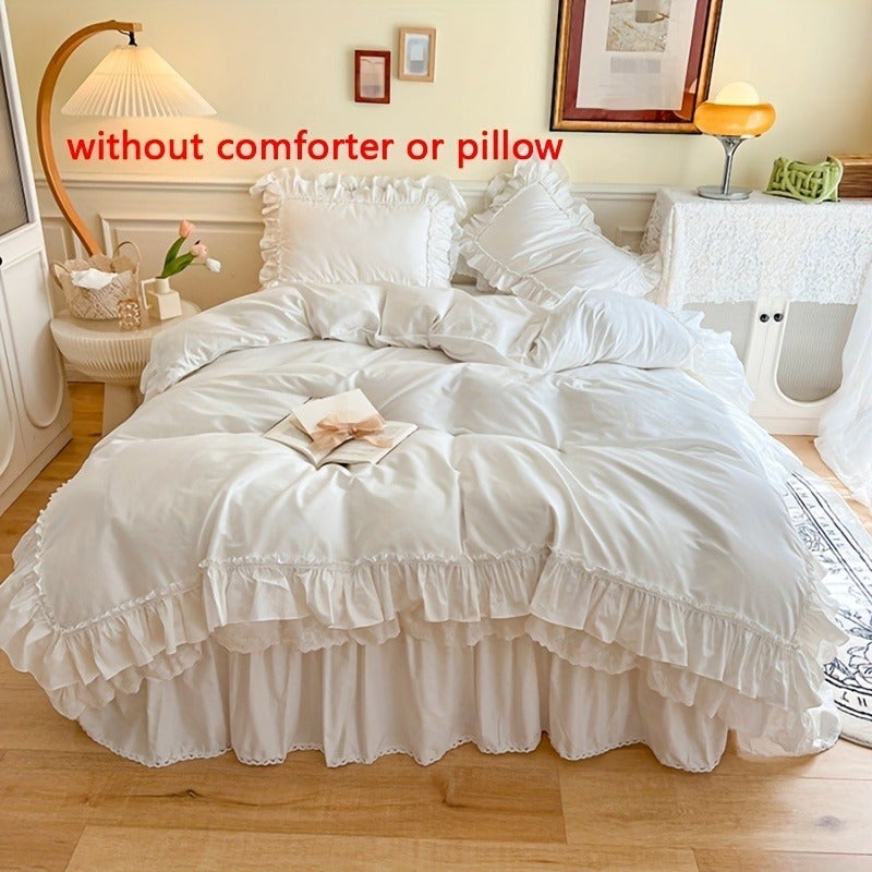3Pcss Vintage Lace Princess Style Pure Duvet Cover Set (1pc Duvet Cover And 2pcs Pillowcases), 300G/M2, 400Tc, High Density Duvet Cover, All- French Light Luxury White Double Layer Ruffled Duvet Cover Set, Winter Duvet And Pillowcase - Image 4