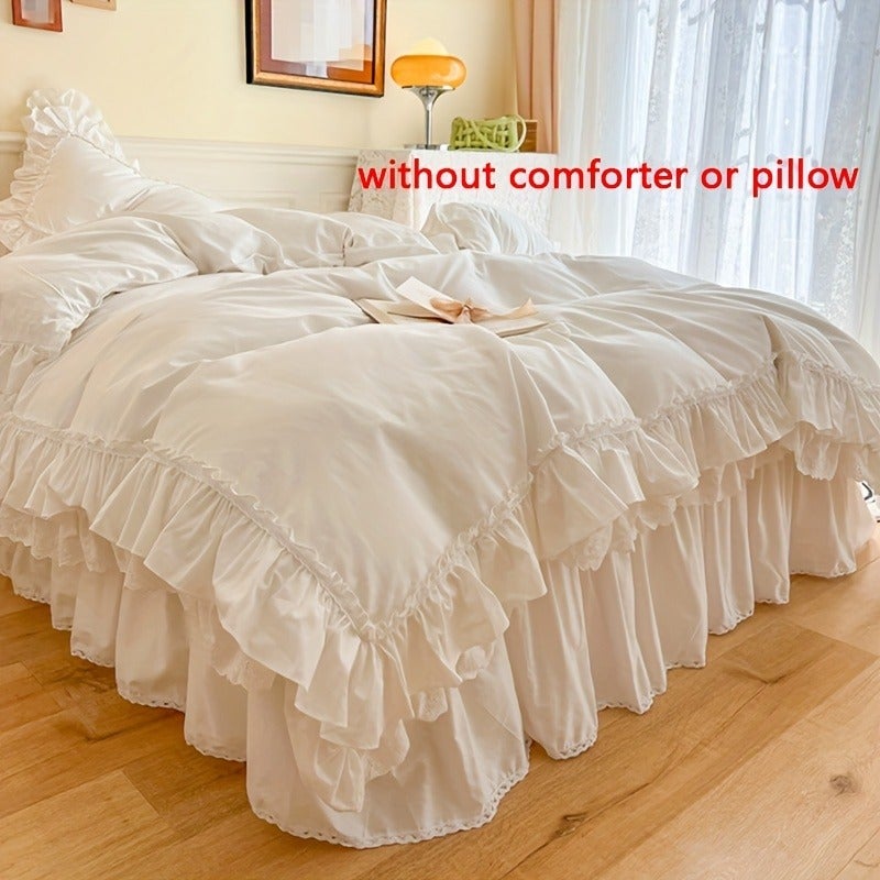 3Pcss Vintage Lace Princess Style Pure Duvet Cover Set (1pc Duvet Cover And 2pcs Pillowcases), 300G/M2, 400Tc, High Density Duvet Cover, All- French Light Luxury White Double Layer Ruffled Duvet Cover Set, Winter Duvet And Pillowcase - Image 3