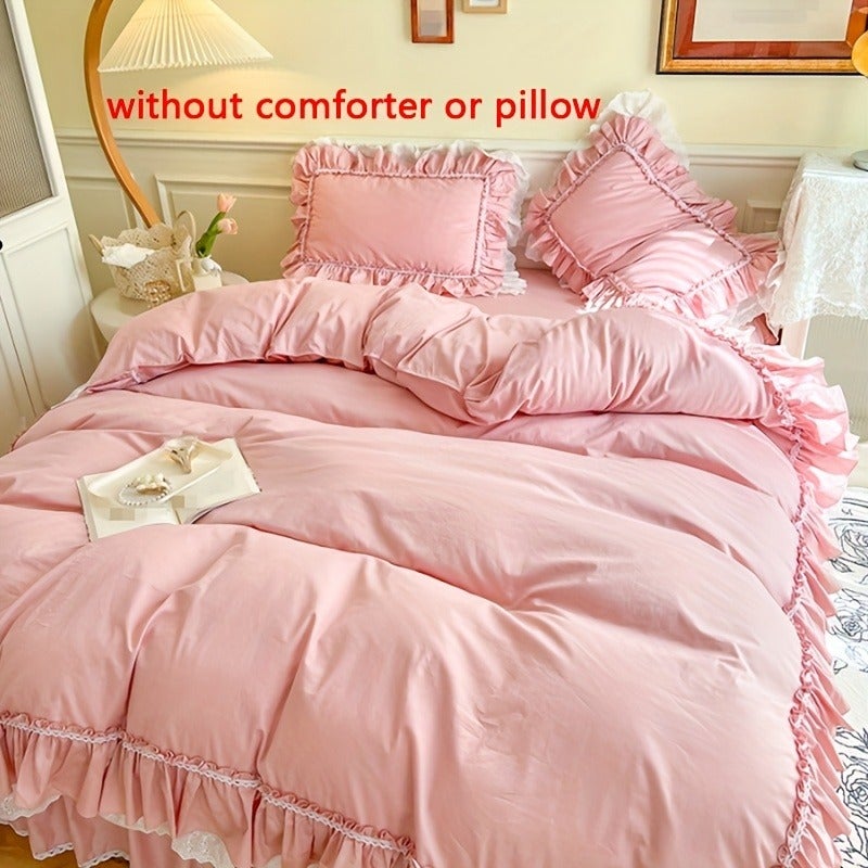 3Pcss Vintage Lace Princess Style Pure Duvet Cover Set (1pc Duvet Cover And 2pcs Pillowcases), 300G/M2, 400Tc, High Density Duvet Cover, All- French Light Luxury White Double Layer Ruffled Duvet Cover Set, Winter Duvet And Pillowcase - Image 1
