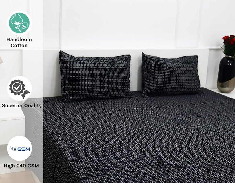 theindiglobal theindiglobal 210 TC Premium Handloom Cotton Double Bedsheet with 2 Pillow Covers Handwoven Quilted Bed Cover 90 X 104 Inches 240 GSM Black  - Image 2