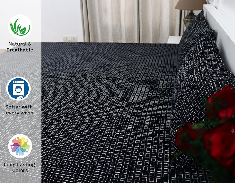 theindiglobal theindiglobal 210 TC Premium Handloom Cotton Double Bedsheet with 2 Pillow Covers Handwoven Quilted Bed Cover 90 X 104 Inches 240 GSM Black  - Image 3