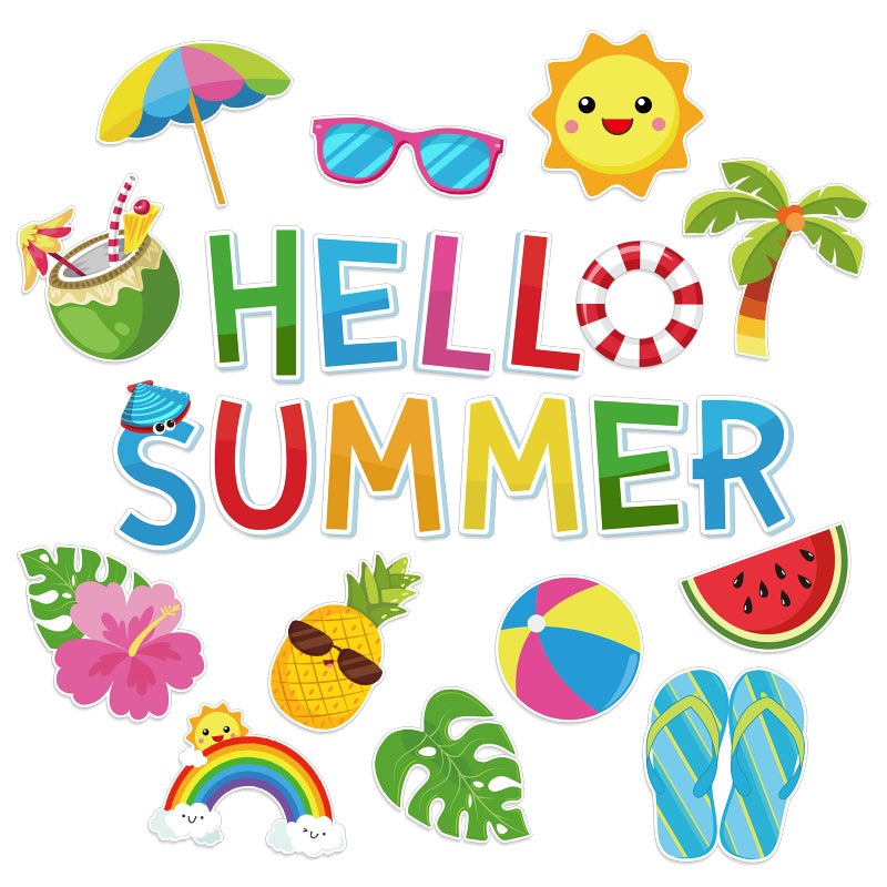 Whaline Hello Summer Cutouts Summer Bulletin Board Decorations Hawaiian Beach Party Tropical Fruit Palm Tree Watermelon CutOuts with Glue Points for School Classroom DIY Projects 46Pcs