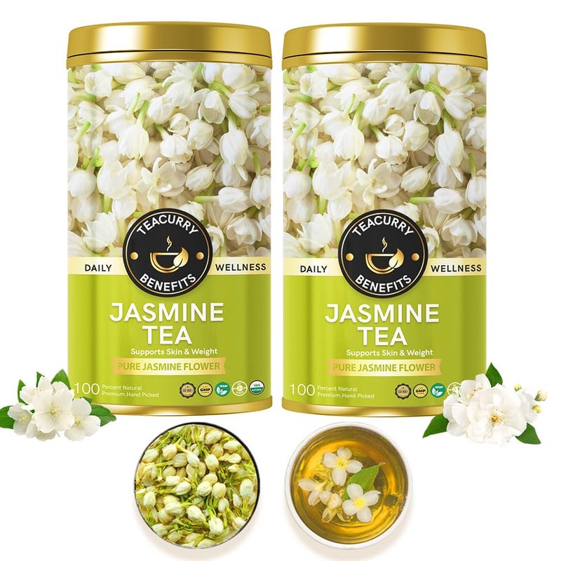 Teacurry Jasmine Flower Tea (40 Grams, Golden Tin Jar) - Handselected Pure Dried Jasmine Flowers for Skin Care, Relaxation, Digestion and Immunitity | 100% Pure and Natural Jasmine Flowers - Image 1