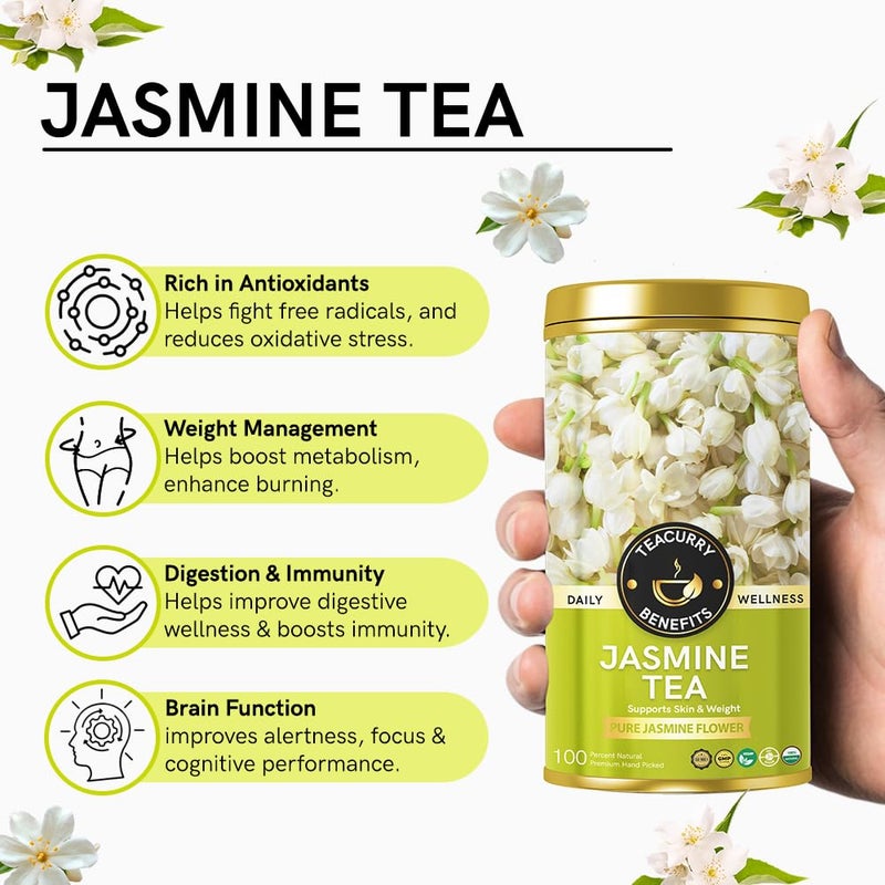 Teacurry Jasmine Flower Tea (40 Grams, Golden Tin Jar) - Handselected Pure Dried Jasmine Flowers for Skin Care, Relaxation, Digestion and Immunitity | 100% Pure and Natural Jasmine Flowers - Image 3