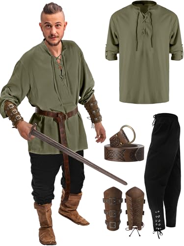 Jiuguva 4 Pcs Halloween Men's Renaissance Costume Set Medieval Pirate Shirt Ankle Banded Pants Viking Belt Accessories (Vivid Color,Small) - Image 1