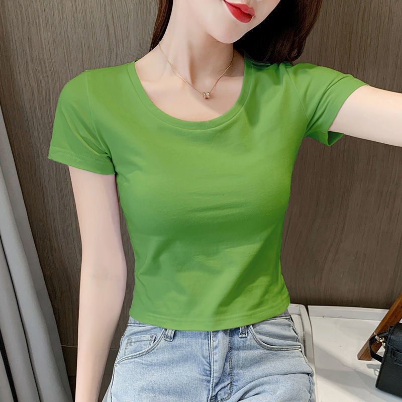 All-Match Navel-Exposed Short Women'S T-Shirt Short-Sleeved Slim-Fit Base Slimming High Waist Summer Tight Spice Girls Ins Wear - Image 1
