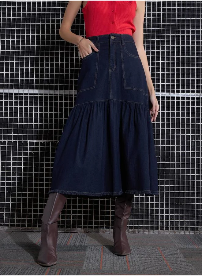 ساسافراس Denim Flared Midi Skirt by Styli