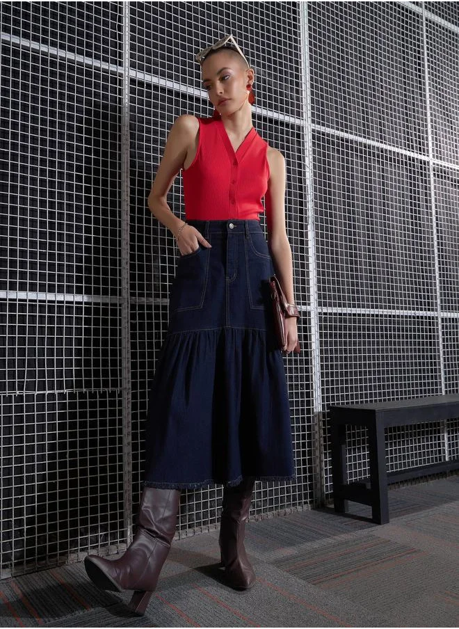 ساسافراس Denim Flared Midi Skirt by Styli