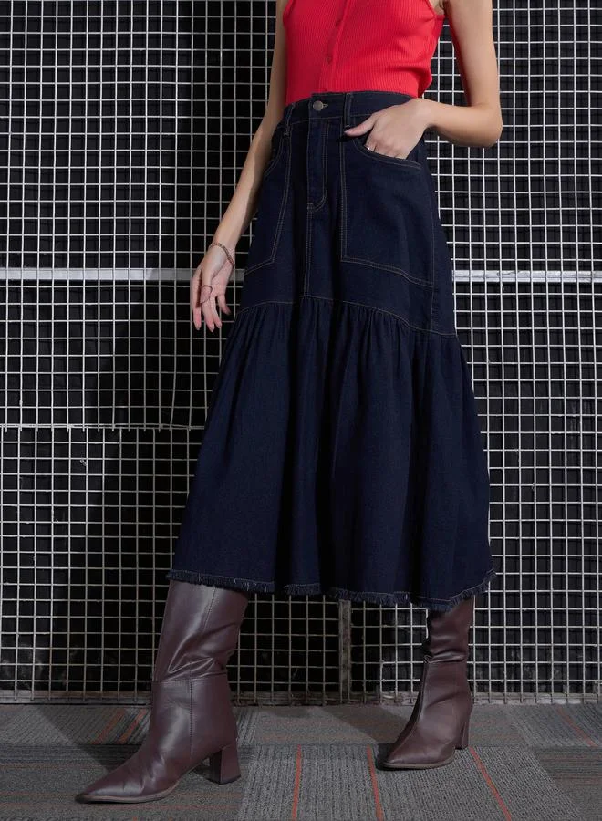 SASSAFRAS SASSAFRAS Denim Flared Midi Skirt