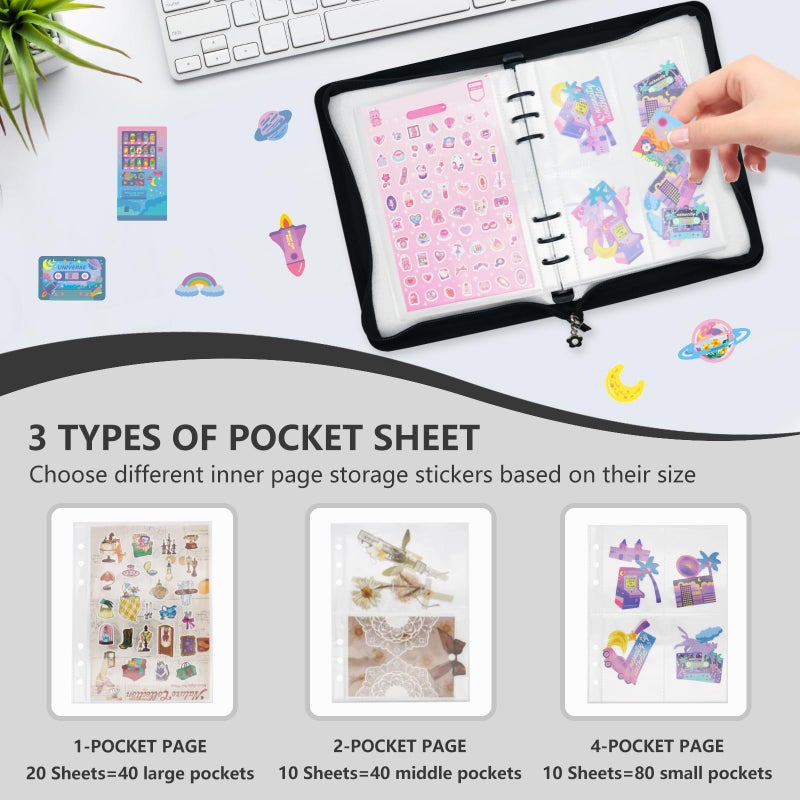 Ruatu Sticker Storage Organizer Binder A5 Sticker Book Collecting Album Reusable Sticker Collection Book with Pocket Zipper Sticker Holder Keeper Book for Adult Collecting Sticker (black) - Image 3