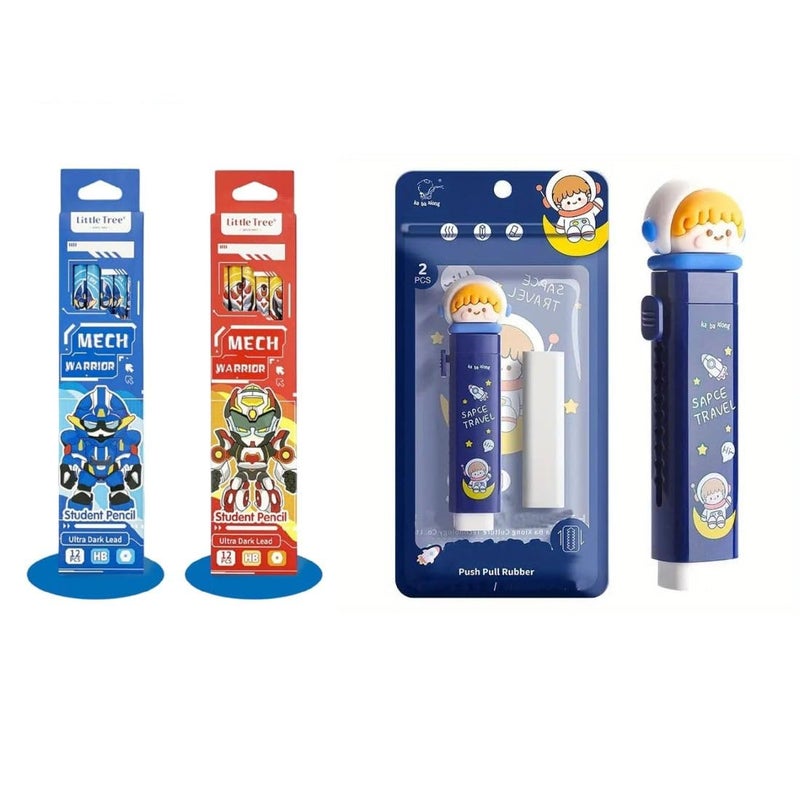DEOXY 24 Pcs Pencil and Pack of 2 Space Cutter Shaped Eraser for Kids, Stationary Set, Rubber, Kawaii Erasers, Fancy Erasers for Birthday Return Gift (Pencil + Space) - Image 1