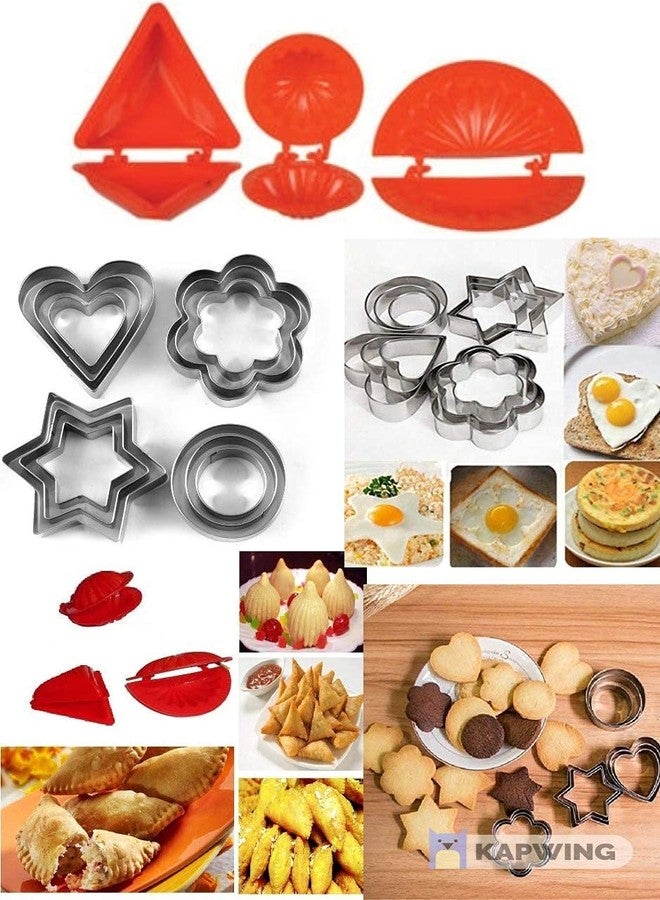 Foliam 12 Pieces Cookie Cutter Stainless Steel Cookie Cutter with Different Shape with Dough Press Dumpling Samosa Modak Gujiya Pie Mould Maker - Set of 3 (Combo) - Image 1