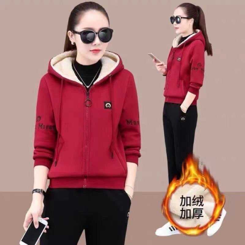 fleece-lined Thickened Fashionable suit Womens Autumn and Winter 2024 New Loose Hooded Womens Hoodie Casual Wear Two-piece Set Trendy Red - Image 1