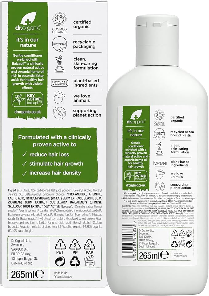 dr.organic بلسم إنقاذ زيت القنب من دكتور أورجانيك لاستعادة الشعر الناعم للرجال والنساء طبيعي نباتي خالي من القسوة خالي من البارابين SLS 265 مل قد يختلف التعبئة والتغليف - Image 4