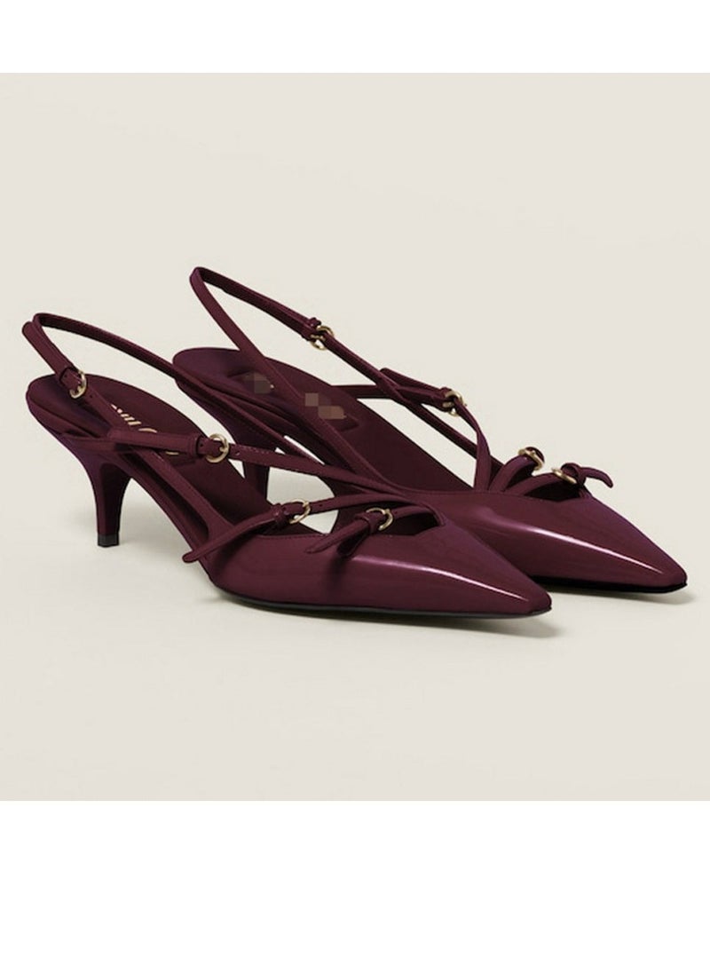 Loquat Women's Closed Square Toe High Heels With Adjustable Ankle Strap Stiletto Pumps Wine Red 5 CM  - Image 3