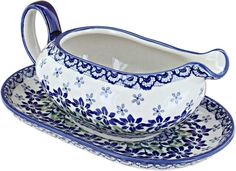 Blue Rose Polish Pottery Halsey Gravy Boat  Plate