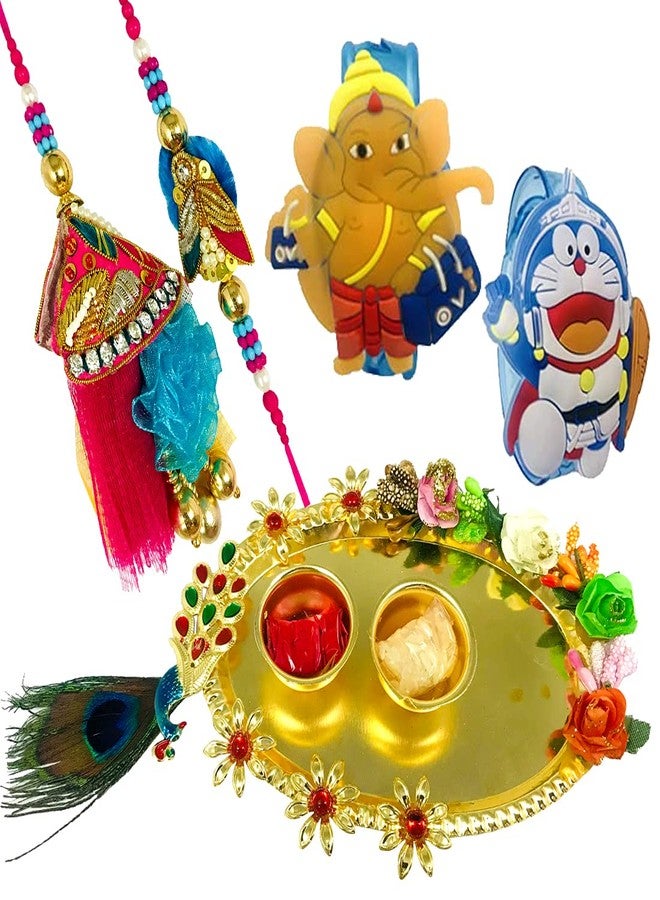 Evisha Pair Rakhi Roli Chawal Plate And 2 Kids Cartoon Character LED Rakhi For Brother And Bhabhi | Rakhi Combo-P-15-T-2LED - Image 1