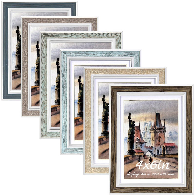 Daofary 4x6 Picture Frame Set of 6, Rustic Farmhouse Photo Frame, Display 3.5x5 with Mat or 4x6 Without Mat for Decorative on Wall Hanging and Tabletop Placement - Image 1