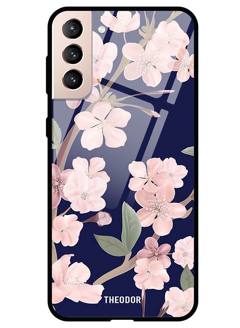 Theodor Protective Tempered Glass Case Cover Samsung Galaxy S21  Pink Flowers In Blue Background - Image 1