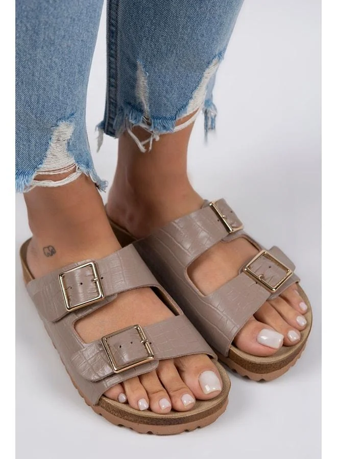 Croco Women's Genuine Leather Double Buckle Crocodile Visor Slippers.