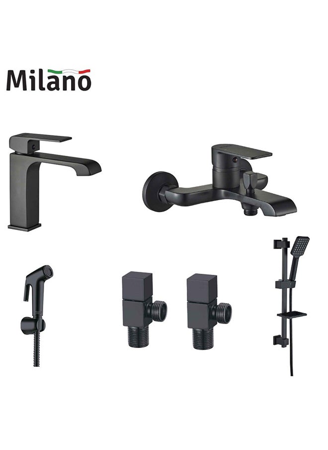milano Power Collection Basin Bath Shattaf Angle Valve And Kit With Matted Color Brass Bathroom complete Set Single Handle Mixer Angle Valve Shattaf Black  - Image 1