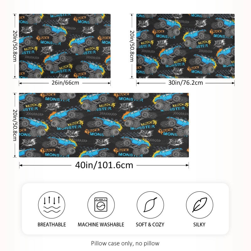 KOPIRIT Monster Truck Tires Pillow Covers Silk Pillowcase for Hair and Skin Soft Breathable Smooth Cooling Satin Pillowcase Standard Size Pillow Case for Sleeping Women Boys Girls Room (20x26 Inch) - Image 4