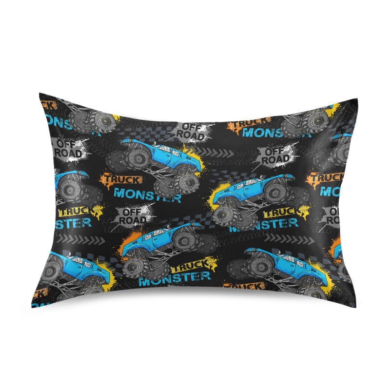 KOPIRIT Monster Truck Tires Pillow Covers Silk Pillowcase for Hair and Skin Soft Breathable Smooth Cooling Satin Pillowcase Standard Size Pillow Case for Sleeping Women Boys Girls Room (20x26 Inch) - Image 1