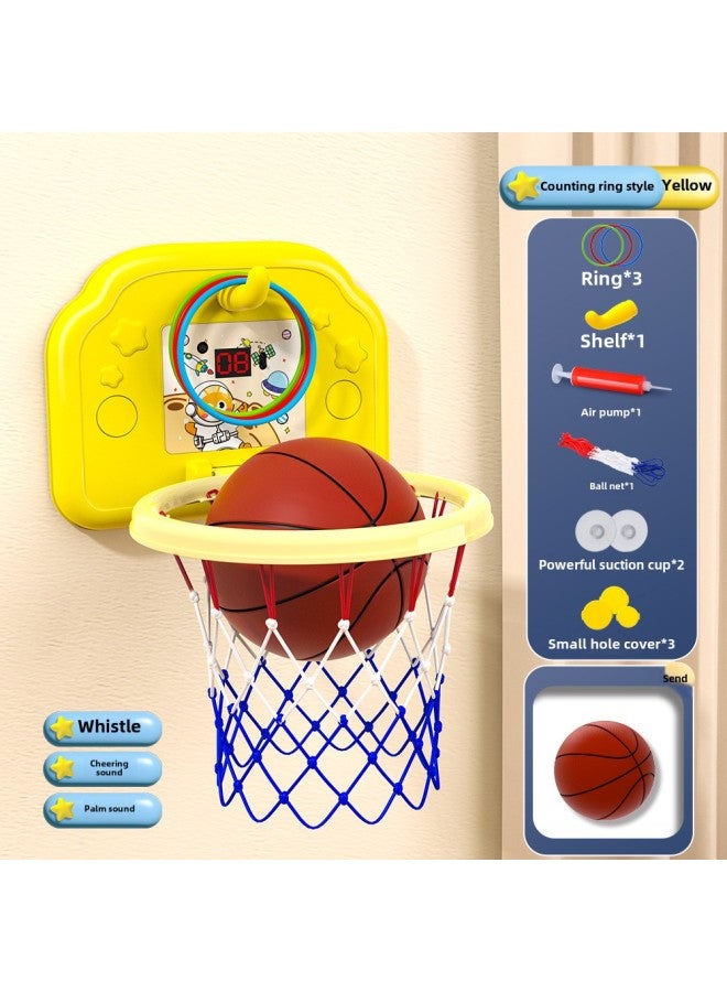 Children's Hanging Electronic Scoring Ring Basketball Frame Punch-free Foldable Mute Basketball Shooting Frame Toy-Colour:[scoring Ring Version] Yellow Space Cat (free Basketball + 3 Rings + Pump + Suction Cup)-Diameter:5 Basketballs  - Image 1