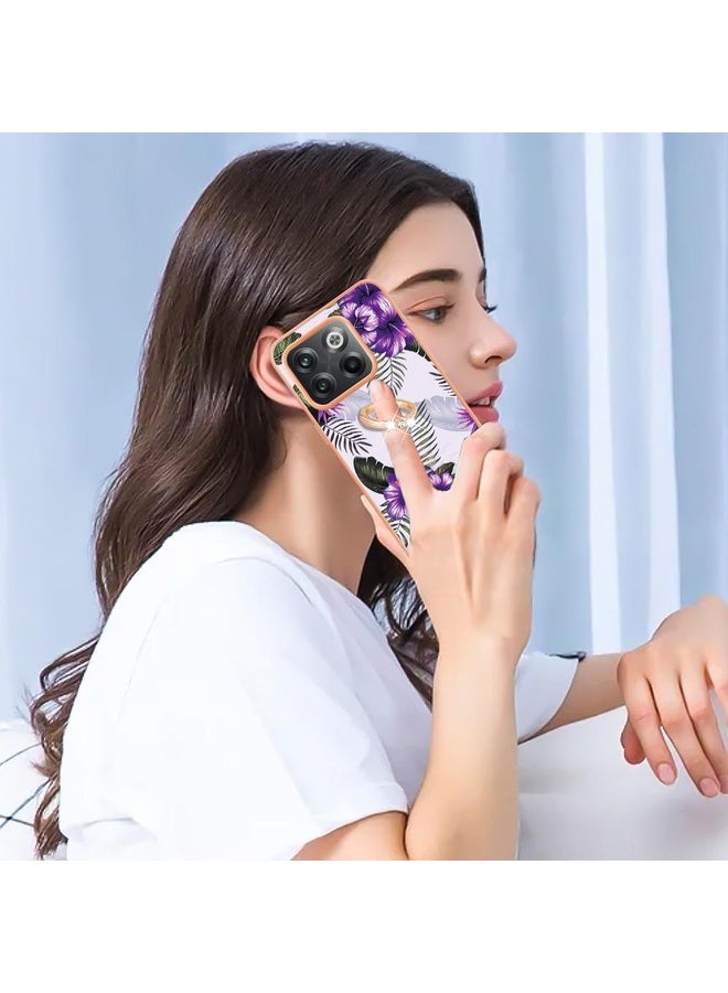 HuHa Case Cover For OnePlus 10T 5G / Ace Pro Electroplating IMD TPU Phone Case with Ring(Purple Flower) - Image 4