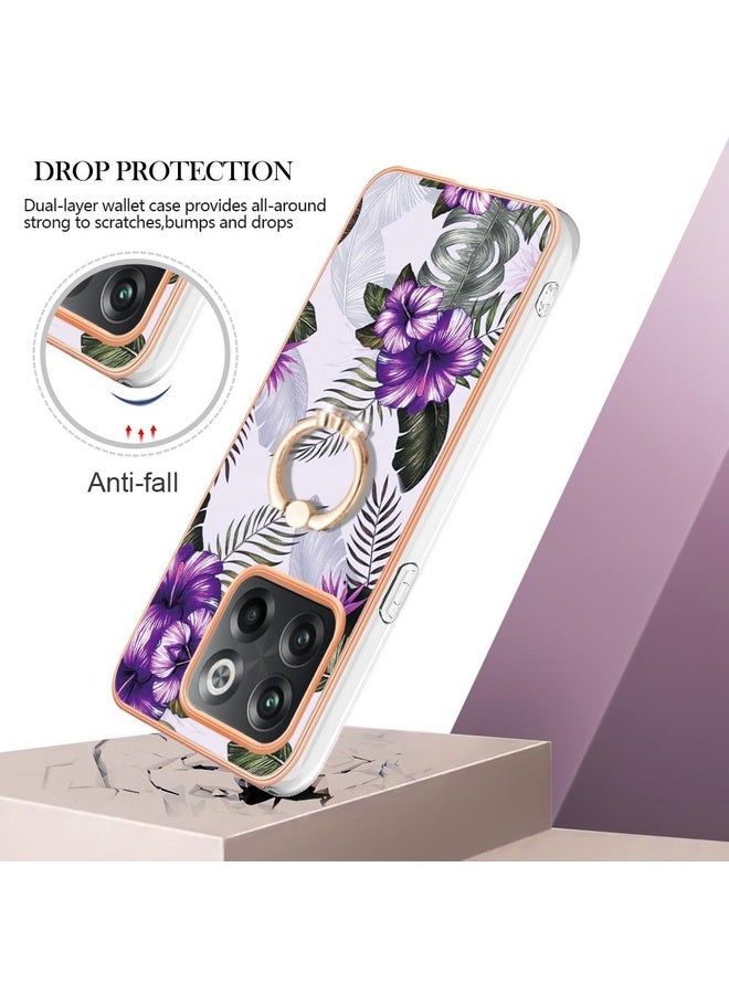 HuHa Case Cover For OnePlus 10T 5G / Ace Pro Electroplating IMD TPU Phone Case with Ring(Purple Flower) - Image 2