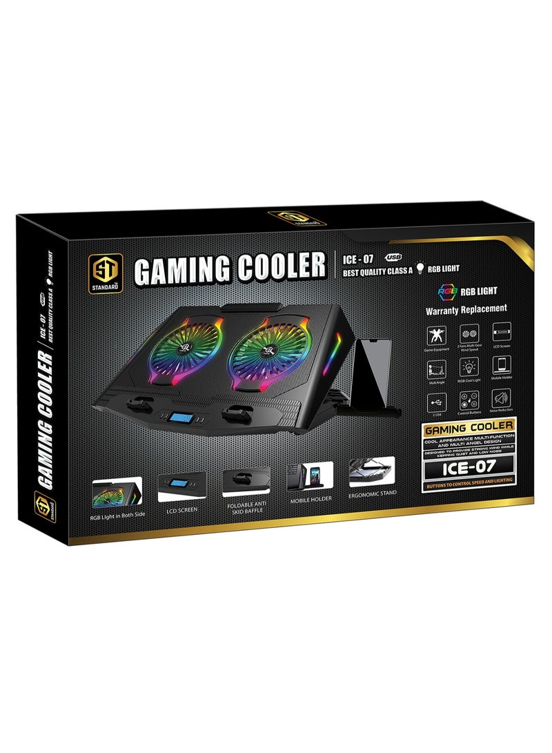 Standard ICE07 Gaming Laptop Cooling Pad with Dual 140mm RGB Fans, LCD Display, Adjustable Height, Mobile Holder and Dual USB Ports - Image 4