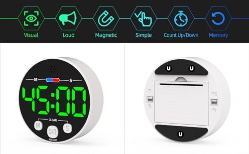 XUANZIT Large LED Digital Timer, Magnetic Countdown Loud Timer for Kitchen Cooking, Classroom Whiteboard, Kids, Toddler, Game, Productivity, Focus, Work, Task, Office, Meeting – Small, Simple, Visual, Green - Image 2