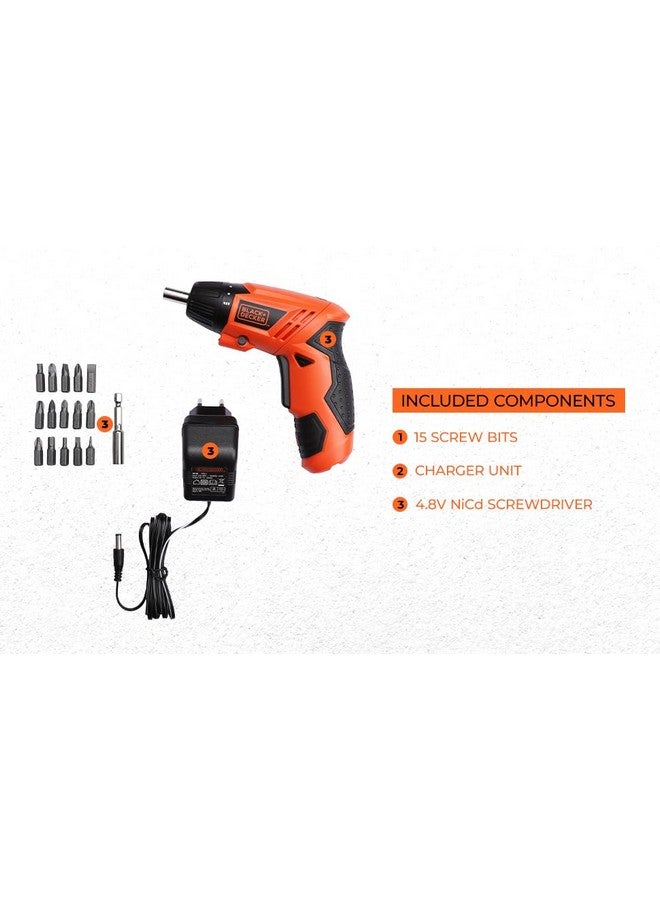 BLACK+DECKER BLACK+DECKER KC4815 4.8V 200 RPM Cordless Screwdriver Set Ni-Cd (Nickel-Cadmium) with LED Worklight, 15-pieces Screw Bits Set & Adjustable Torque for Home & DIY Use, 1 Year Warranty, ORANGE & BLACK  - Image 4
