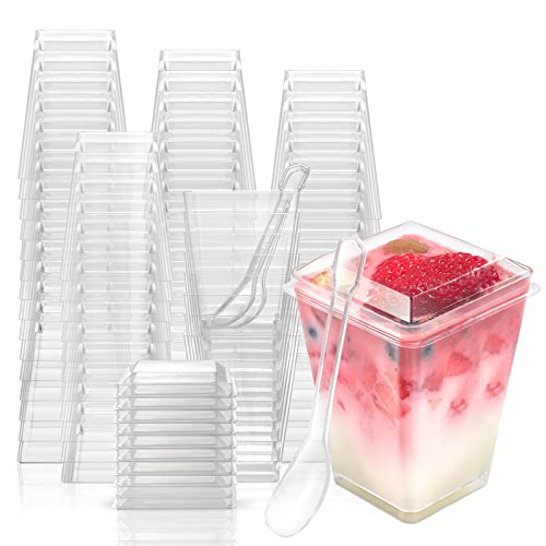 EASERCY 100 Pack 5 oz Plastic Dessert Cups with Lids, Yogurt Parfait/Appetizer Cup with Lids for Party, Mini Dessert Cups with Spoons Dessert Shooter Cups for Pudding, Fruit and Ice Cream - Image 1