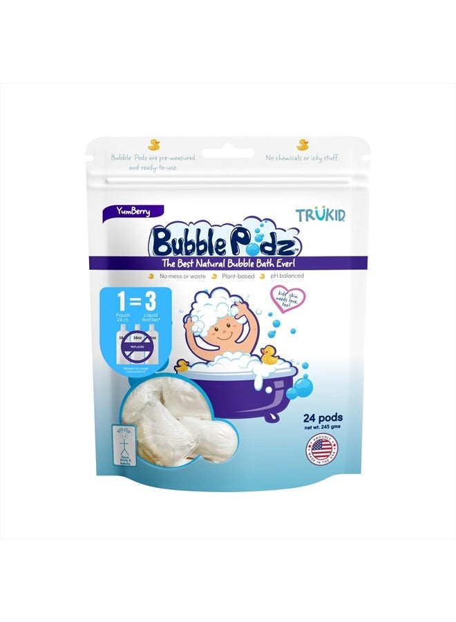 TruKid Bubble Podz Bubble Bath for Baby & Kids, Gentle Refreshing Bath Bomb for Sensitive Skin, pH Balance 7 for Eye Sensitivity, Natural Moisturizers and Ingredients, Yumberry (24 Podz) - Image 1