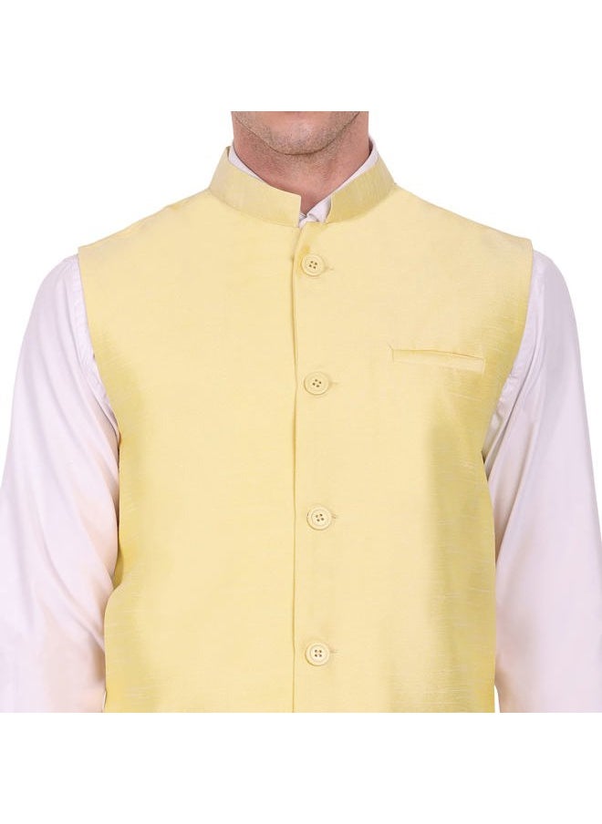SKAVIJ Men's Dupion Silk Nehru Jacket Waistcoat for Prom Dinner Party Weddding (Medium, Beige)  - Image 4