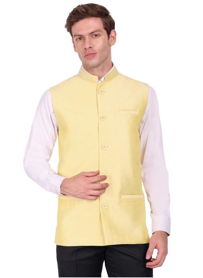 SKAVIJ Men's Dupion Silk Nehru Jacket Waistcoat for Prom Dinner Party Weddding (Medium, Beige)  - Image 1
