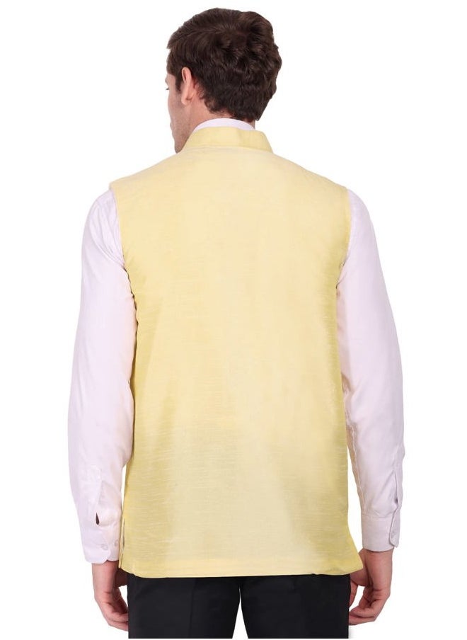 SKAVIJ Men's Dupion Silk Nehru Jacket Waistcoat for Prom Dinner Party Weddding (Medium, Beige)  - Image 2