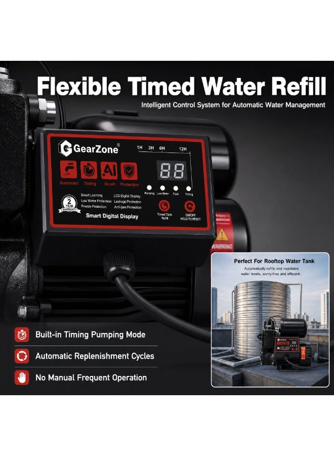 GearZone Intelligent Water Pressure Booster Pump 1000W Self-Priming Cold Hot Water Pump 36m Head Timing Control 4 Turbo Boost Household Water Boost Pump Full Copper Motor Multi Safety Protection for Home Tap Water Supply - Image 5