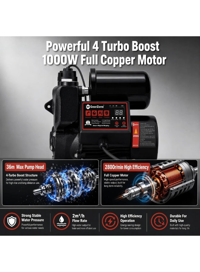 GearZone Intelligent Water Pressure Booster Pump 1000W Self-Priming Cold Hot Water Pump 36m Head Timing Control 4 Turbo Boost Household Water Boost Pump Full Copper Motor Multi Safety Protection for Home Tap Water Supply - Image 3