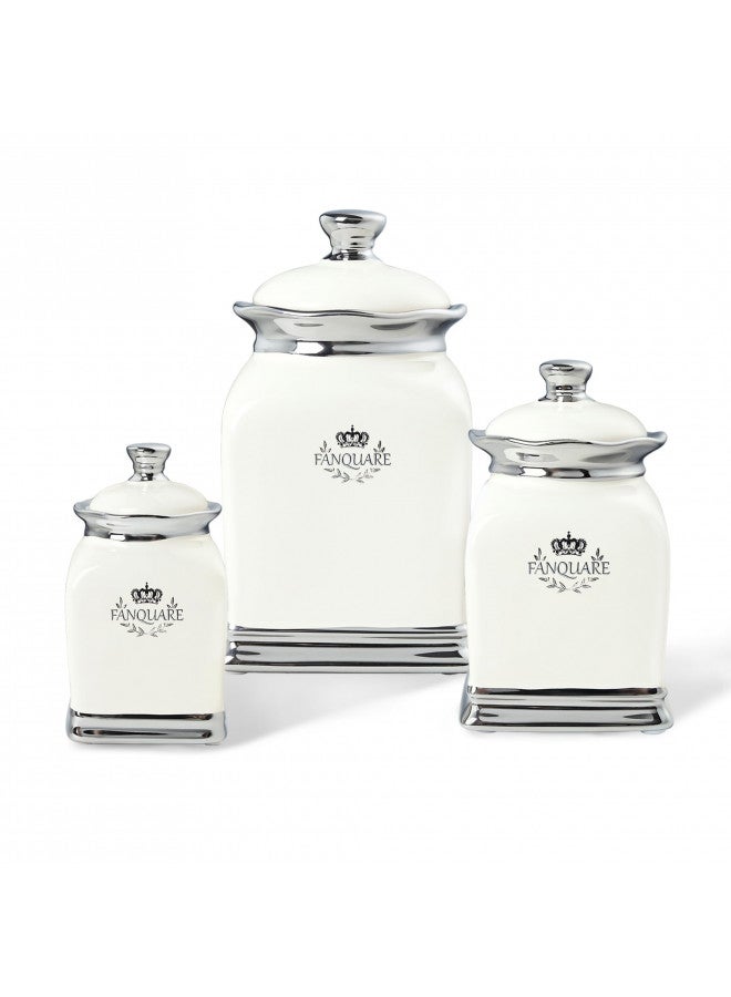 fanquare fanquare White Canisters Set of 3, Farmhouse Porcelain Cookie Jars for Countertop, Large Ceramic Sugar Container with Lid, Spice Jar with Label - Image 1