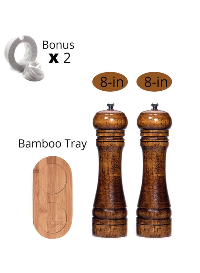 AROAQ Salt and Pepper Mills Sets, Solid Wood Pepper Mill with Strong Adjustable Kitchen Tools (Pack of Three 8 and 8 Inch With Bamboo Tray) - Image 1