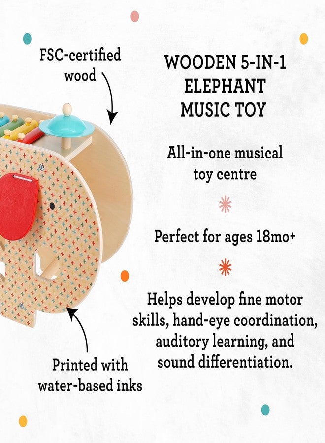 Petit Collage: Wooden 5-in-1 Elephant Music Toy - 5 Different Instruments - Sturdy Wood Construction, Non-Toxic and Safe for Kids, Ideal for Ages 3+ - Image 3