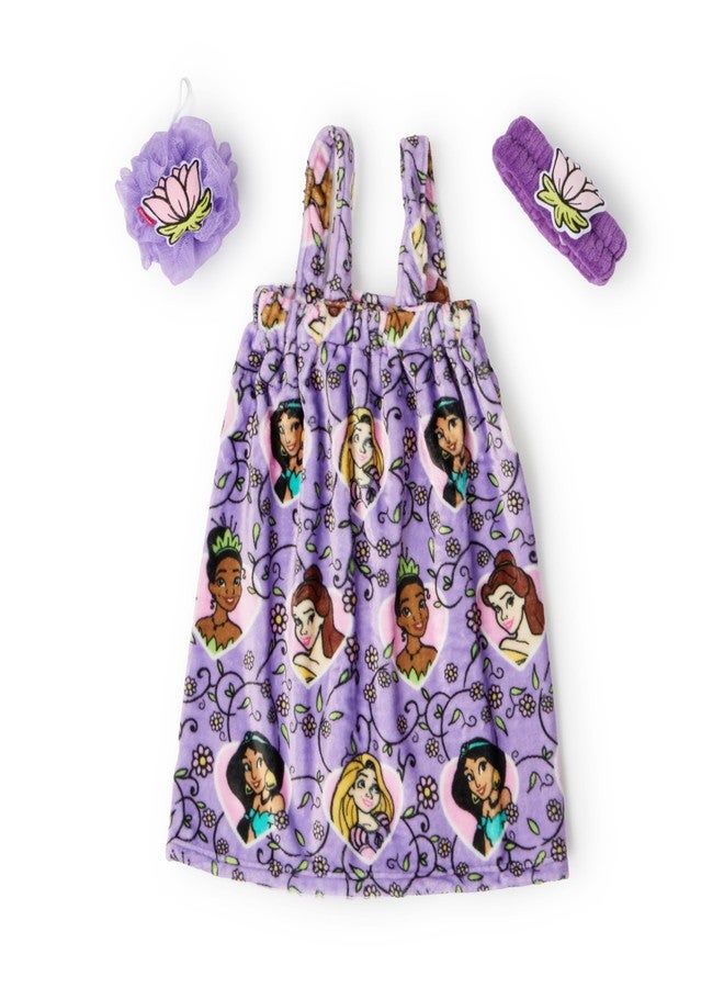 Jay Franco Kids Spa Set - 44" x 22.5" Towel Wrap, Loofah & Headband, Bath, Shower & Travel Set, Purple - Princess - Image 1